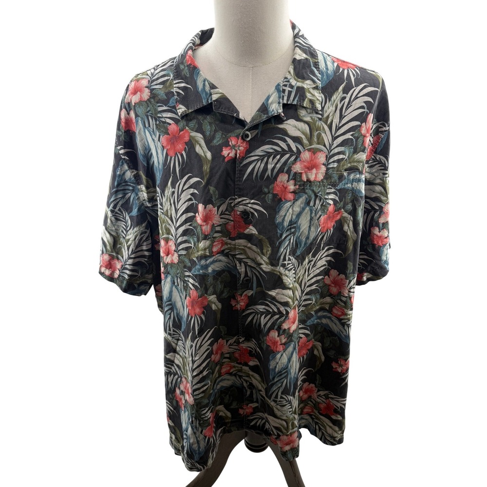 Tommy Bahama Mens Silk Hawaiian Shirt Black Short Sleeve‎ 2XL